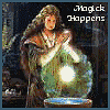 square with an image of a woman in a dress in front of a glowing orb. text says 'Magick Happens'